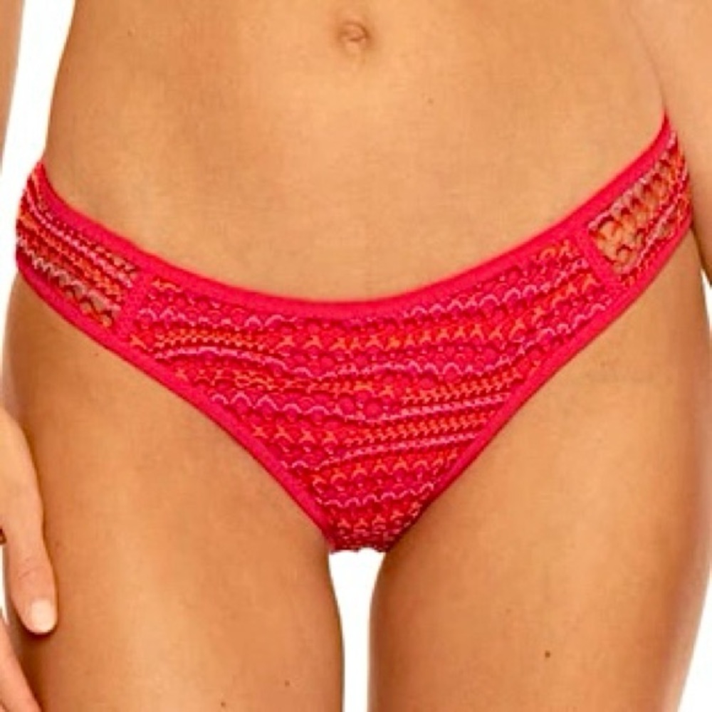 NEW with Defect Size L BECCA Adela Red Orange Lace Striped Stretch Swim Bottom